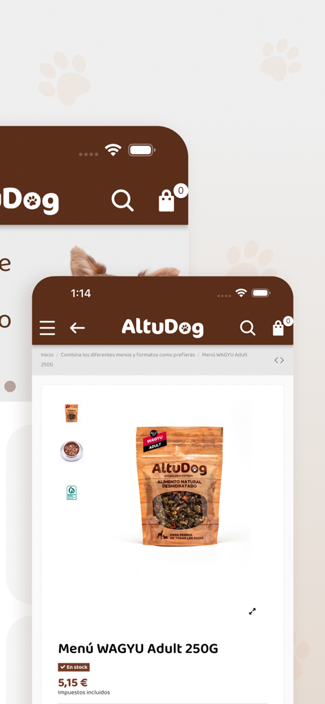 Página de producto de la app AltuDog que muestra comida natural deshidratada Wagyu Adult para perros