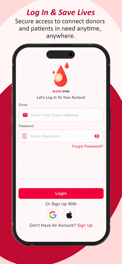 Blood Sync App - Login screen for the Blood Sync App featuring email and password fields along with social sign-in options for Google and Apple.