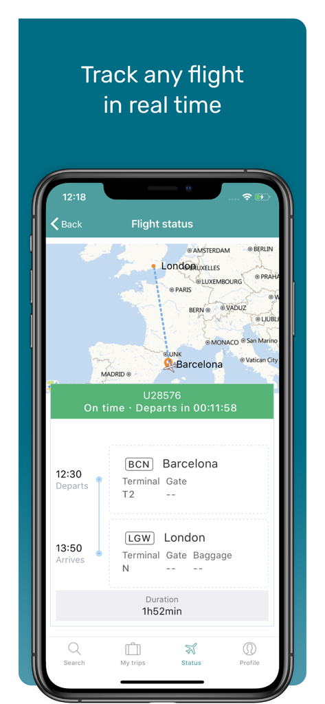 Real time flight status tracking and map route on the Travellink mobile app