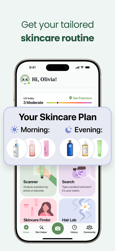 OnSkin app interface displaying a personalized morning and evening skincare routine plan