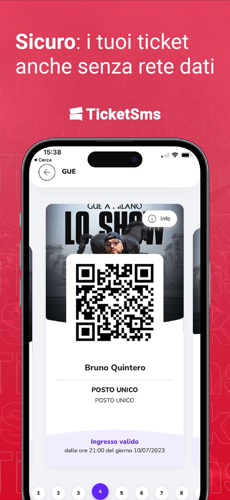 TicketSms - Schermata mobile TicketSms che visualizza un biglietto per concerto con codice QR per ingresso offline