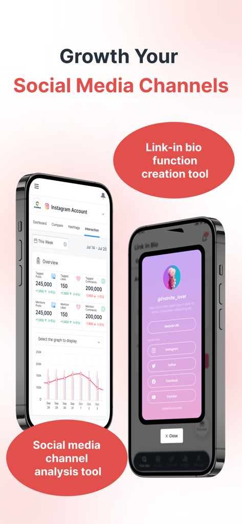 AnyCreator - AnyCreator app interface displaying social media channel analytics and a customizable link in bio profile tool for influencers.