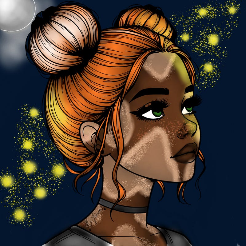 realistic girl with buns on the top of her head