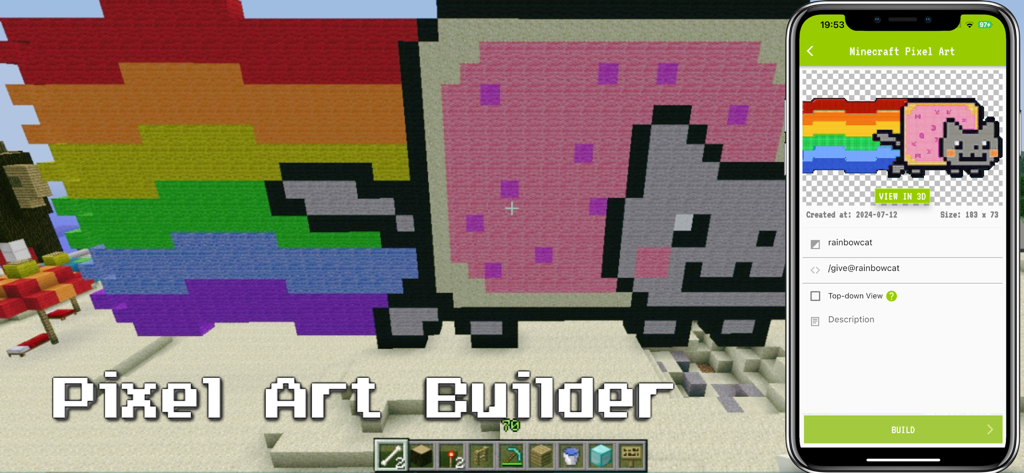 App PixelArt Builder per Minecraft che mostra la creazione di un meme Nyan Cat