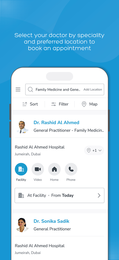NMC - MyHealth - Interface of the NMC MyHealth app showing doctor search results and appointment booking options.