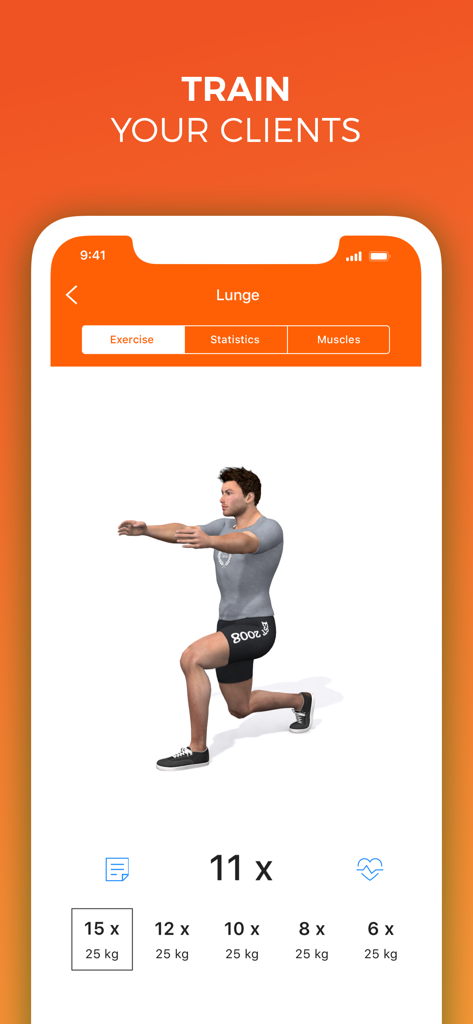 Interfaz de la aplicación Virtuagym Coach mostrando una animación 3D de un ejercicio de zancada y estadísticas de entrenamiento
