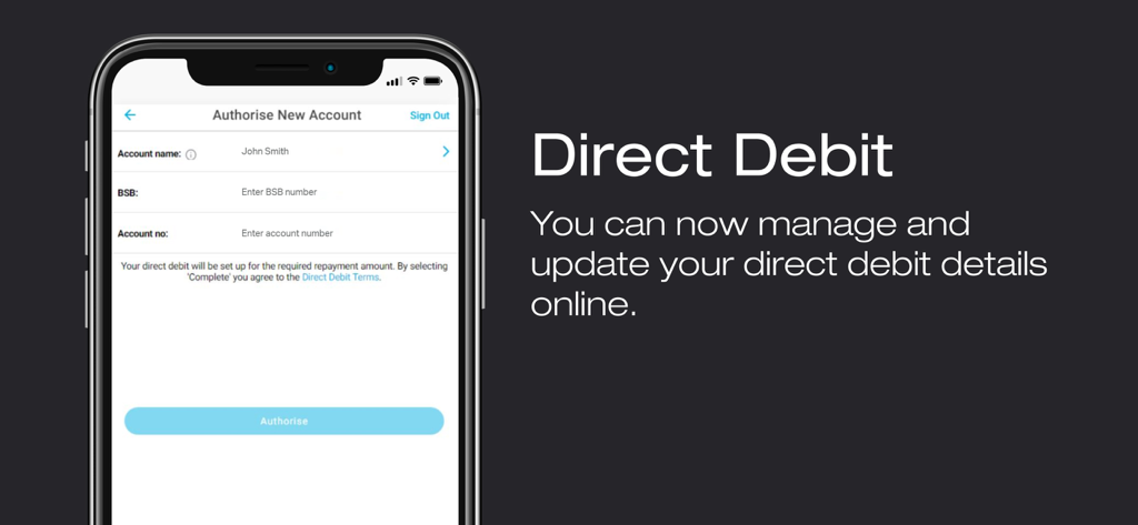 Firstmac Money - Firstmac Money app interface showing the direct debit account authorization screen