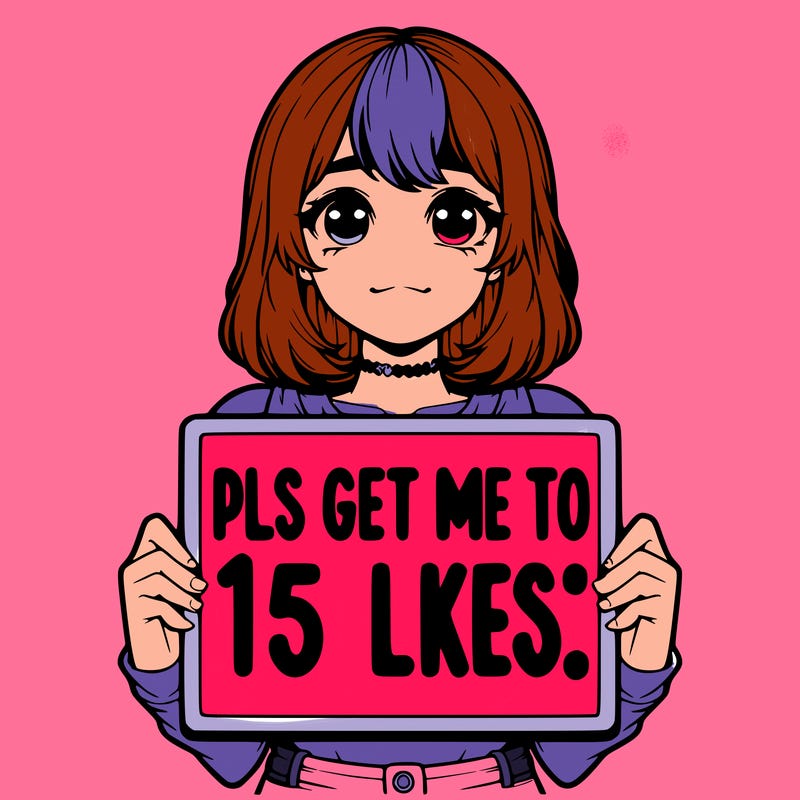 realistic girl holding up a sign that says “pls get me to 15 likes!”
