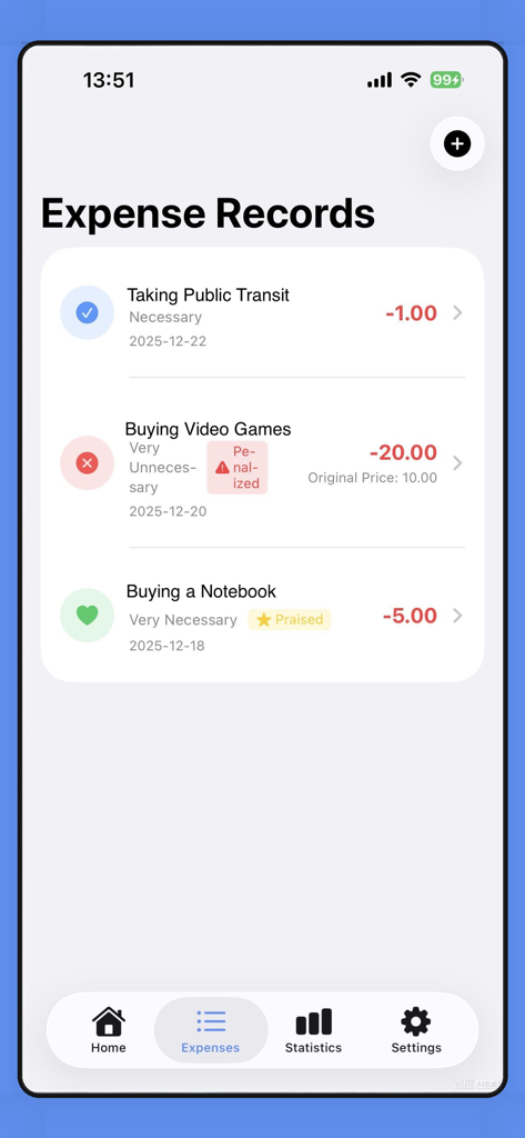 LittleFinancier - LittleFinancier 앱의 지출 기록 화면에는 보상 및 벌금 태그가 있는 카테고리별 지출 항목 목록이 표시됩니다.