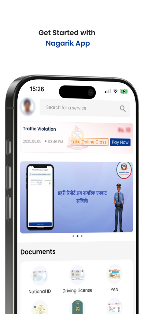 Dashboard of Nagarik App showing digital government services and identity documents