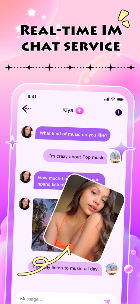 Kiya - Screenshot of the Kiya app showing its real-time instant messaging chat interface with purple speech bubbles and a pink aesthetic background.