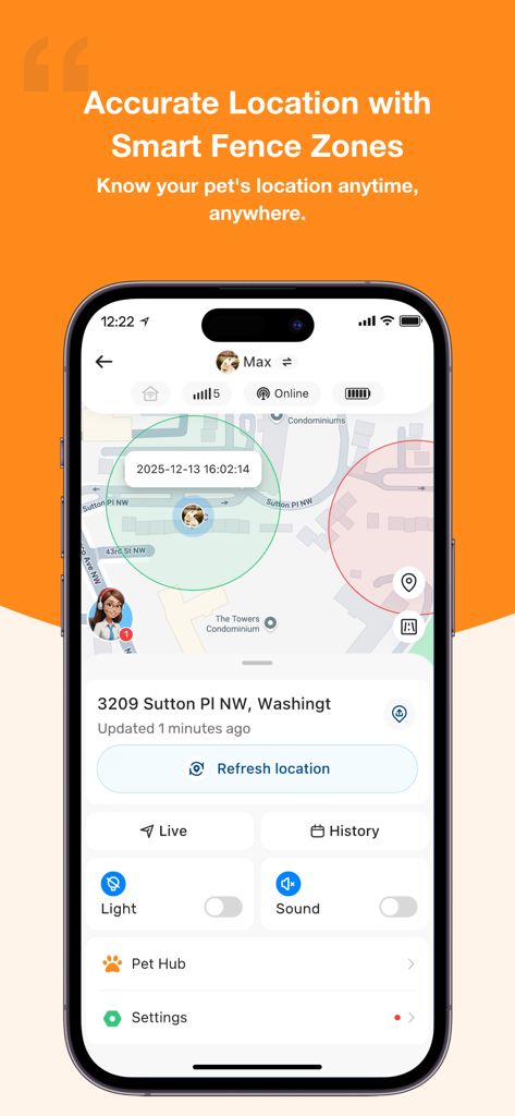 DBDD: Pet Tracker & Assistant - DBDD pet tracker app showing real time GPS location and smart fence zones on a map interface