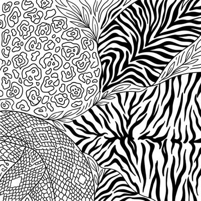 Explore a stunning collection of wild animal prints, from fierce leopard spots to bold zebra stripes, all in one intricate coloring page. This design offers a unique way to celebrate nature's beauty through creative expression.