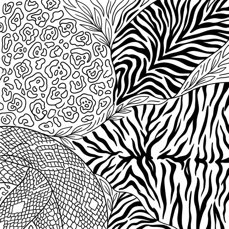 Explore a stunning collection of wild animal prints, from fierce leopard spots to bold zebra stripes, all in one intricate coloring page. This design offers a unique way to celebrate nature's beauty through creative expression.
