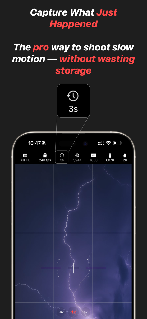Slogger: Pro Slow Motion - Slogger app interface capturing lightning with professional slow motion manual settings