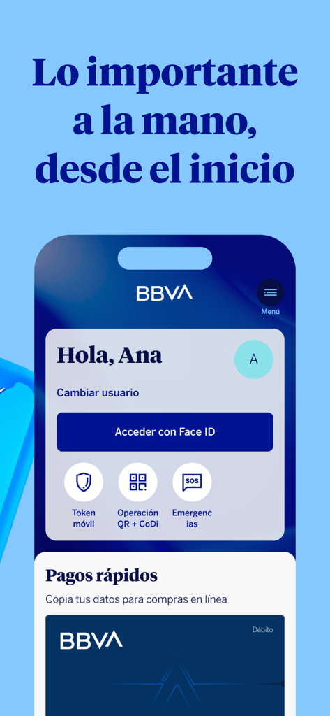 Tela de login do aplicativo móvel BBVA Mexico com acesso Face ID e ferramentas bancárias rápidas