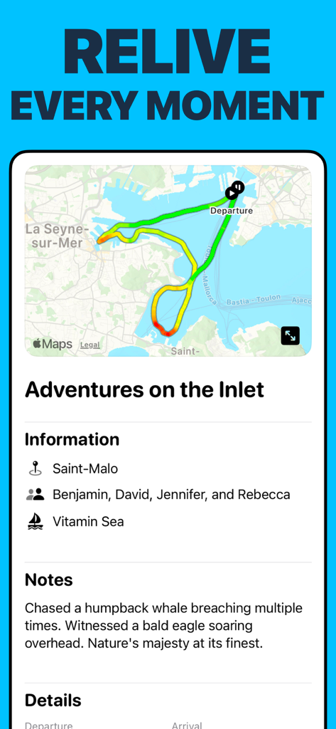 Boating Logbook: Skipper - Un registro de viaje de barco registrado en la aplicación Skipper que muestra un mapa de ruta GPS y notas de la travesía