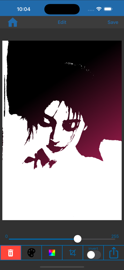 High contrast stencil portrait being edited with a magenta gradient background in the Fx Stencil Pro app.