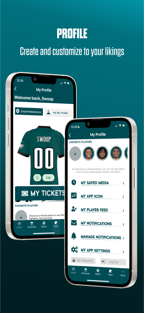 Philadelphia Eagles - Philadelphia Eagles official app profile screen showing jersey customization and favorite player settings.