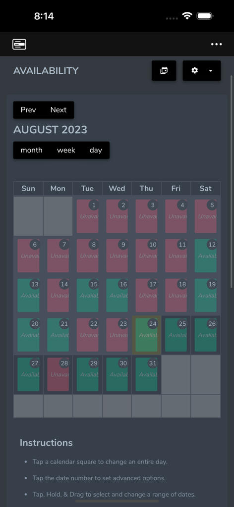 HorizonWebRef.com - Monthly availability calendar in the HorizonWebRef app for sports officials