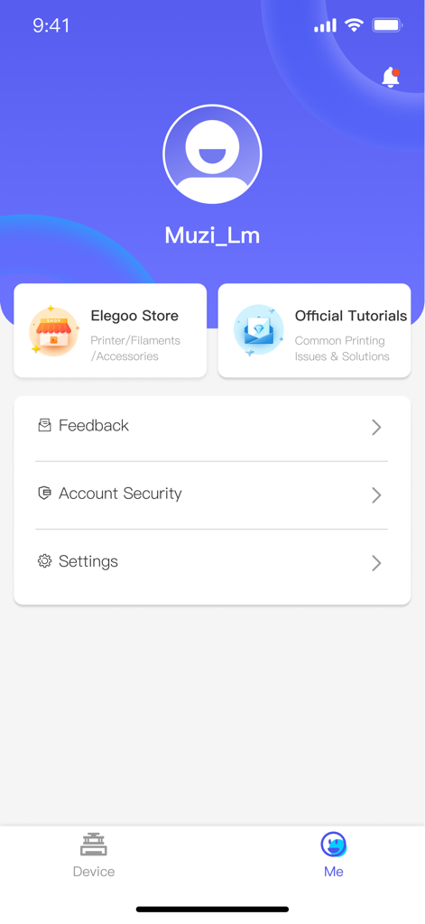 The user profile interface of the ELEGOO Matrix app featuring account settings, official tutorials, and a link to the Elegoo store.