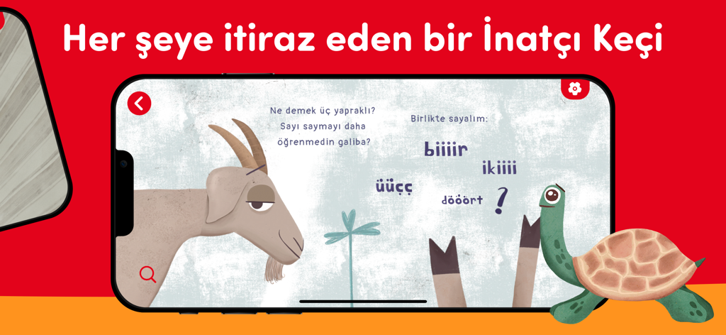 Una escena de Ketebe Cocuk que muestra un cuento interactivo con personajes de cabra y tortuga.