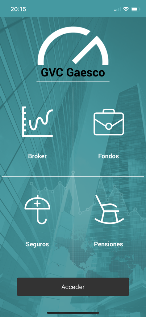 GVC Gaesco App - Pantalla de inicio de la app GVC Gaesco mostrando iconos para Broker, Fondos, Seguros y Pensiones con un botón de inicio de sesión