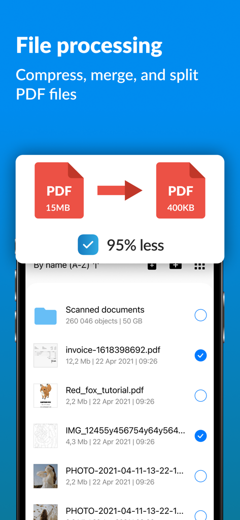 Scannero: fast scan to PDF&JPG - Pantalla de la aplicación Scannero mostrando compresión de PDF de 15 MB a 400 KB con una reducción de tamaño del 95 por ciento.