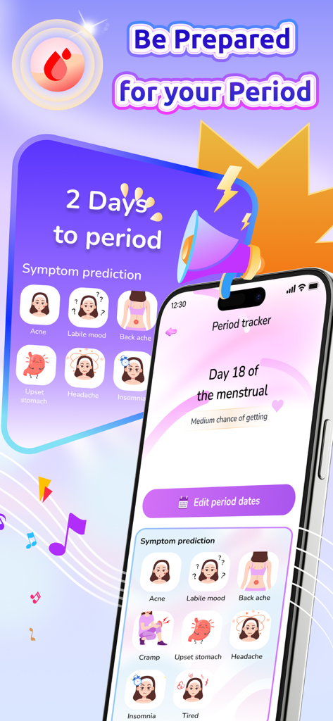 다음 생리일까지의 카운트다운과 여드름 및 기분 변화와 같은 예상 증상 아이콘을 보여주는 생리 주기 추적 앱 인터페이스.