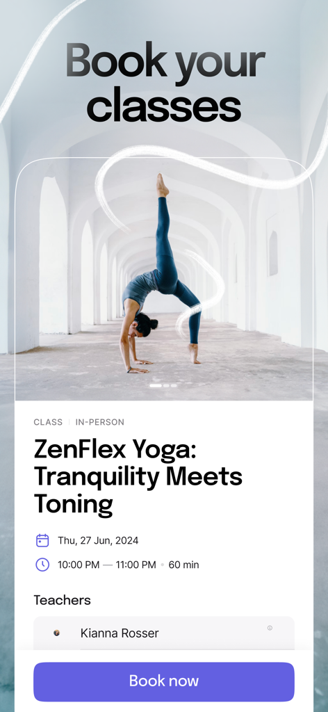 Booking screen for a ZenFlex Yoga class in the Momence app
