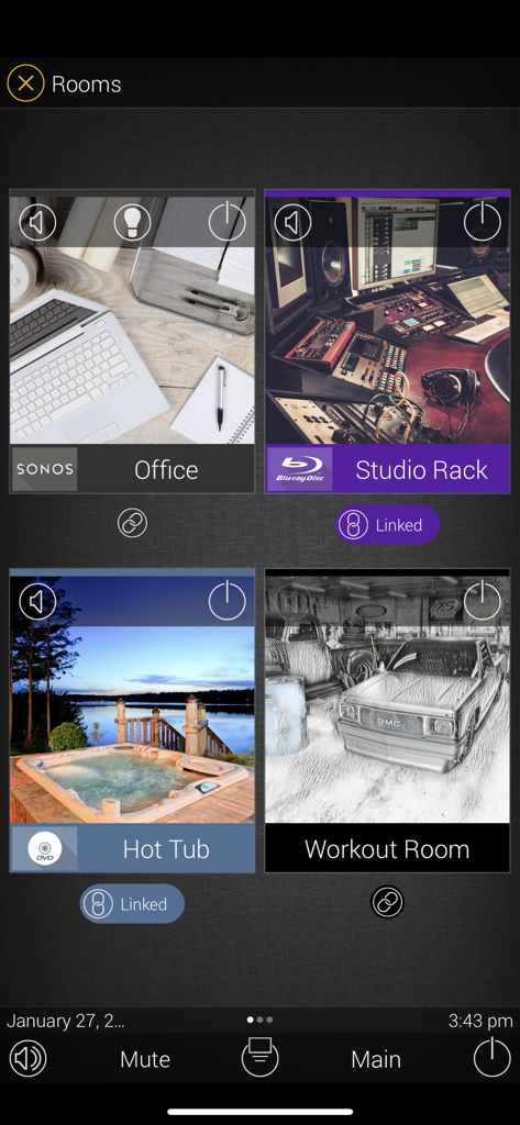 Painel do aplicativo URC Mobile 2.5 mostrando controles de casa inteligente multi-sala para escritório, estúdio, banheira de hidromassagem e sala de ginástica