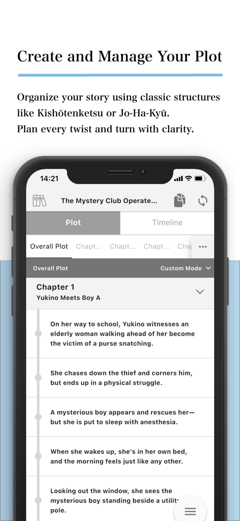Écran de smartphone montrant les outils de planification d'intrigue et de structure narrative dans l'application d'écriture Nola.