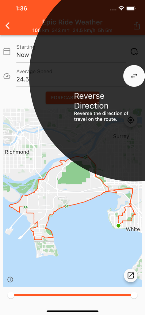 Epic Ride Weather - Reverse direction feature for cycling routes in Epic Ride Weather app