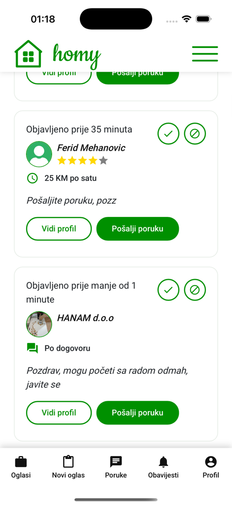 Homy.ba - Homy.ba mobile app interface displaying local service provider profiles with ratings and direct message buttons.