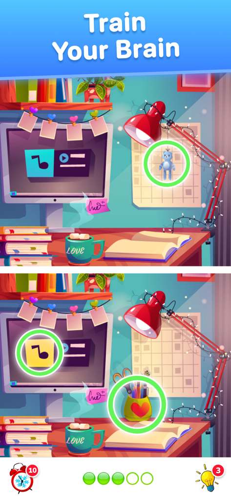 A find the difference puzzle game screen showing two similar illustrations of a desk with differences highlighted by green circles under the text Train Your Brain.