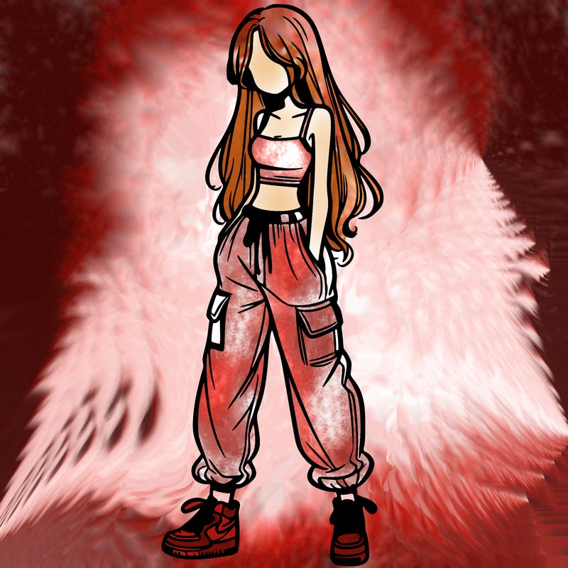 girl in baggy pants crop top and long hair