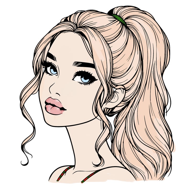 realistic girl with a ponytail on her hair and lips