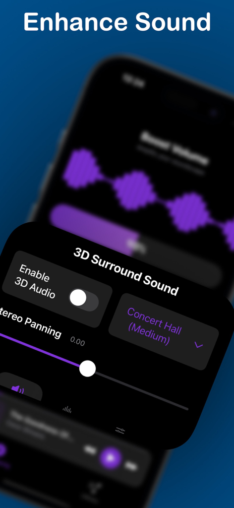Headphone Volume Booster: HVBz - Interface of HVBz app showing 3D surround sound and stereo panning settings