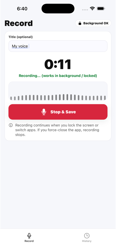 Voice Recorder Studio - La pantalla de grabación activa de la aplicación Voice Recorder Studio con un temporizador, forma de onda y botón de detener