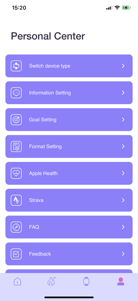TechWear - TechWear app Personal Center menu with settings for device sync, goals, Apple Health, and Strava integration.