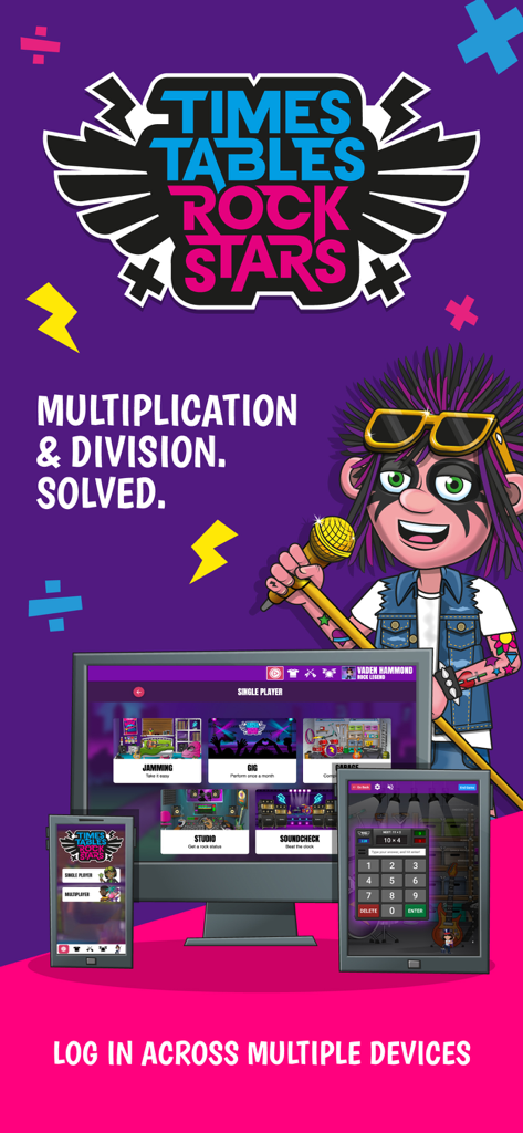 Times Tables Rock Stars educational math app displayed on a smartphone tablet and desktop computer screen