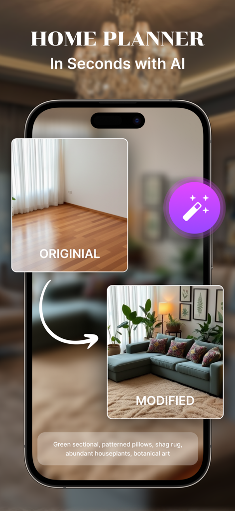 AI Home Decor: Interior Design - Comparación de antes y después de una habitación vacía transformada en una sala de estar amueblada con un sofá seccional verde y plantas de interior usando IA