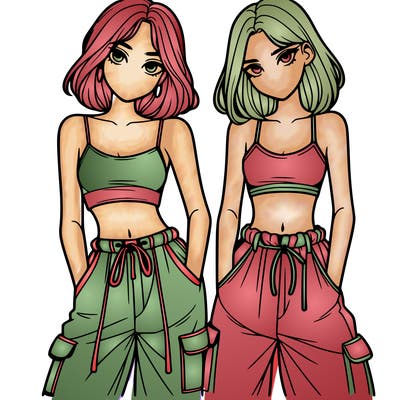 two girls with crop top with baggy pants