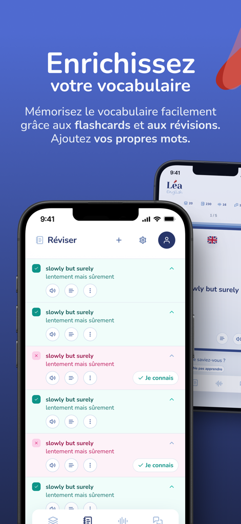 Léa English - Lea English App-Oberfläche zum Erlernen englischer Vokabeln mit Karteikarten und verteilter Wiederholung