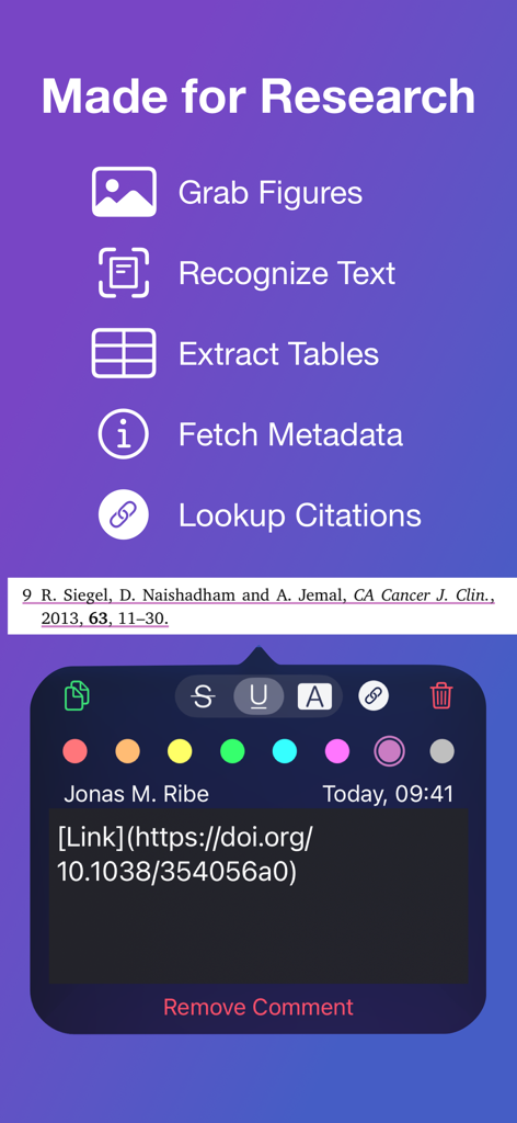 Highlights PDF Reader interface showing research tools for grabbing figures, extracting tables, and looking up citations with a DOI link