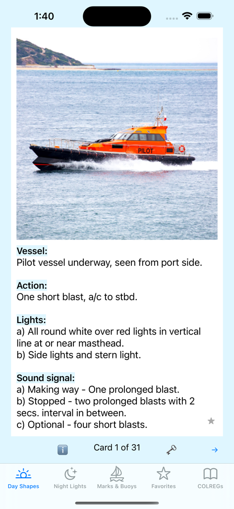 Sail Safe - Maritime study card for a pilot vessel in the Sail Safe app