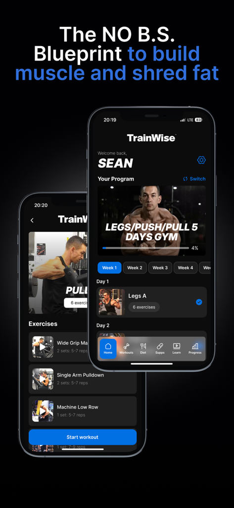 TrainWise fitness app showing muscle building workout plans and exercise tutorials