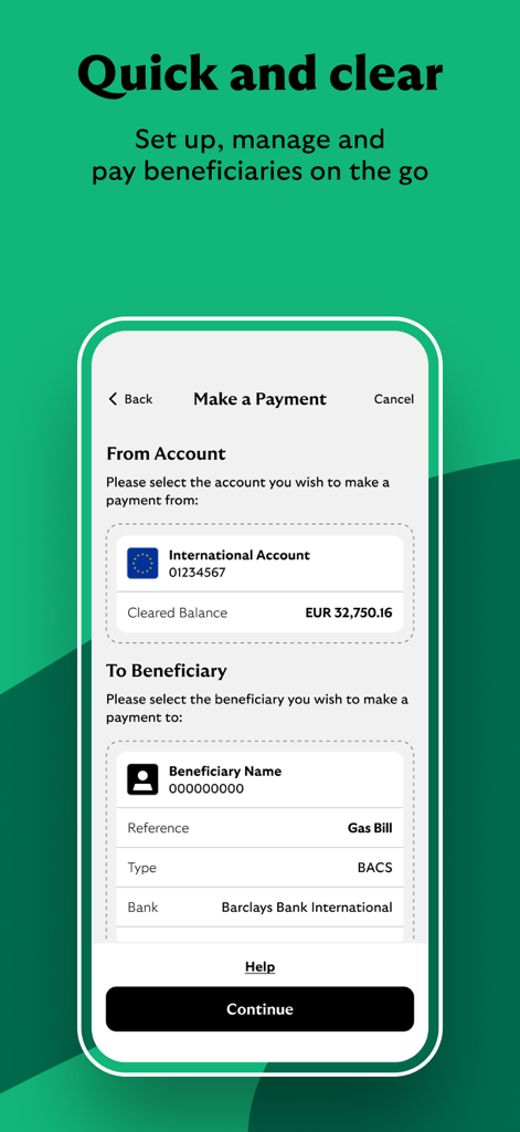 Lloyds Bank International app interface showing the Make a Payment screen with account and beneficiary details