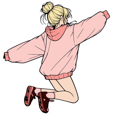 realistic girl jumping with a bun and oversized sweatshirt