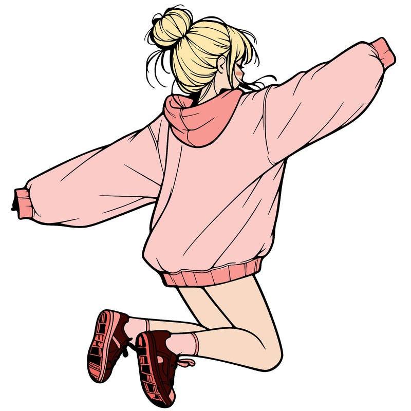 realistic girl jumping with a bun and oversized sweatshirt